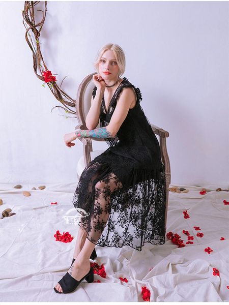 

casual dresses summer women black lace long dress vintage elegant slim v-neck sleeveless embroidery loose 2021 vestidos, Black;gray