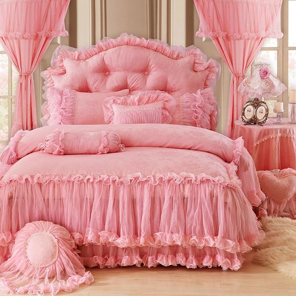 

bedding sets red pink purple princess korean style lace set luxury  king bed sheet duvet cover bedskirt parure de lit