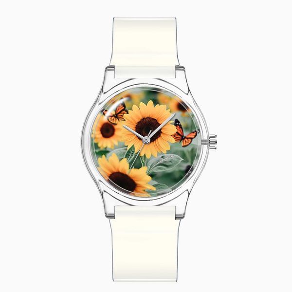 

wristwatches fb7100 plastic sunflower ladies watches colorful quartz girl lady wrist watch custom printing relogio, Slivery;brown