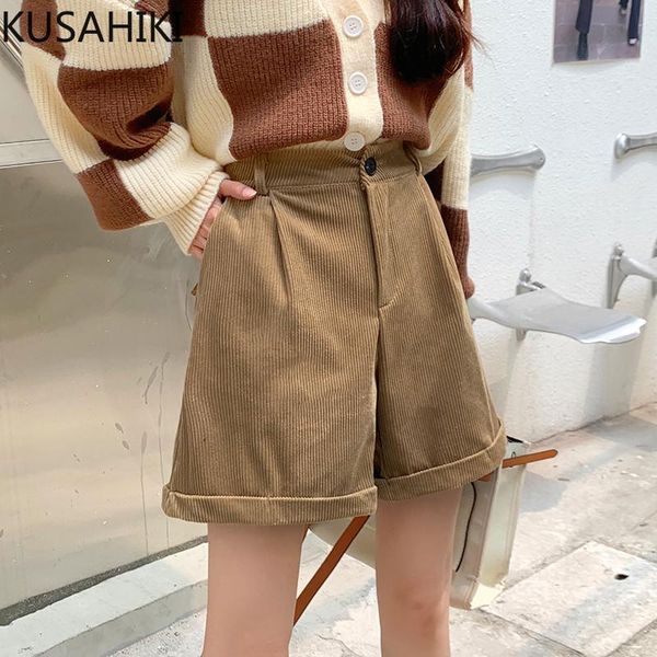 

women's shorts kusahiki vintage corduroy causal woman autumn 2021 bottoms high waist fashion wide leg short feminimos 6n033, White;black