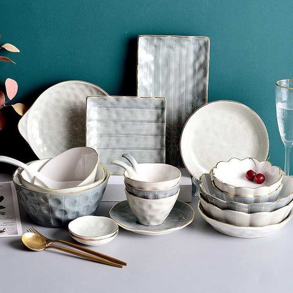 

european light luxury phnom penh underglaze color ceramic tableware bowl and plate combination household dishes, soup bowls, eating bowls