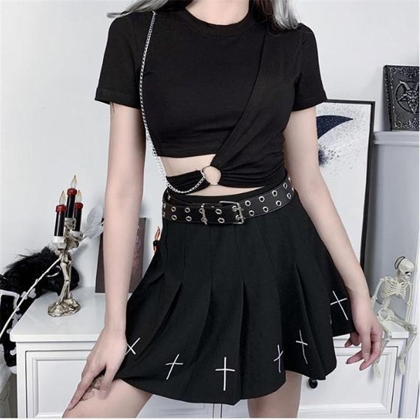 

women's t-shirt women crew neck t-shirts long sleeves slim fit casual streetwear with chain hollow cropped black lady tee shirts spring, White
