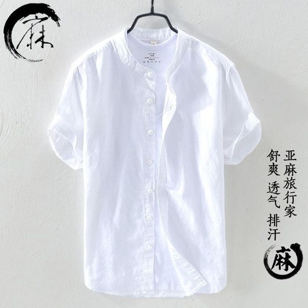 

men's casual shirts cotton linen short sleeve for men fashion yellow stand-up collar male summer classic basic clothing, White;black