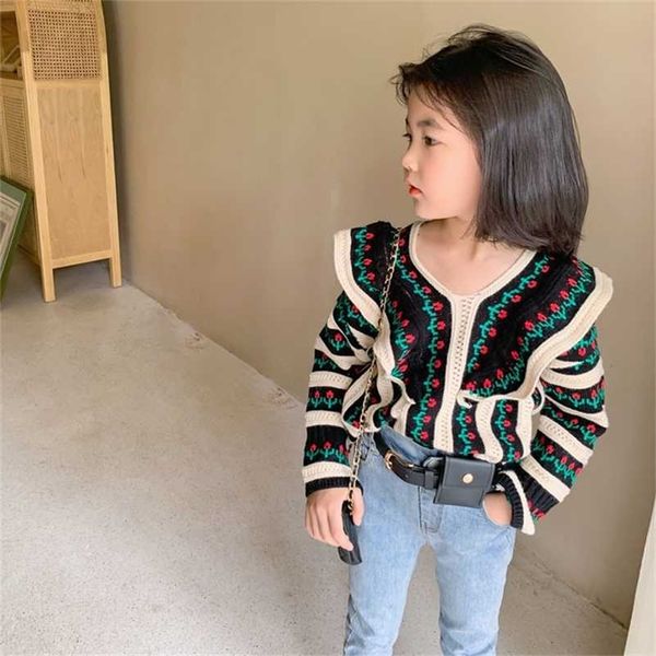 

est autumn born baby girl knitted long sleeve autumn sweater cardigan ruffles flower outwear casual kids clothes 211106, Blue