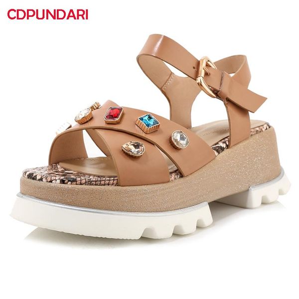 

sandals luxury rhinestone genuine leather flat platform women summer casual shoes sandales femmes 2021 sandalias mujer, Black