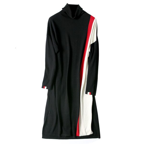 

women's sweaters wool blend knit women fashion patchwork color striped long pullover sweater dress turtlrneck camel 3color /2xl 8l7m, White;black