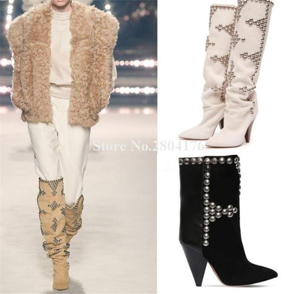

boots western est pointed toe studded over the knee spike heels winter fashion suede rivets long, Black