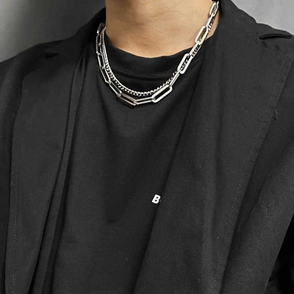 

cool hiphop hip hop titanium steel double layer necklace men's street fashion personalized splicing couple accessories trend, Silver