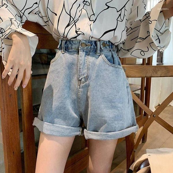 

women's jeans high waist denim shorts female summer student 2021 korean style loose slim fit all-match pants black & rough edges super1, Blue
