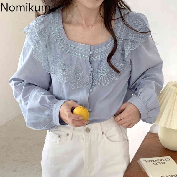 

nomikuma chic lace patchwork square collar women shirts causal puff sleeve single breasted blouse spring new blusas mujer 6g462 210427, White