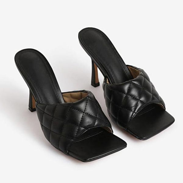 

summer pu square toe slipper sandals ladies thin high heels outdoor beach slides female fashion shoes mules party slippers, Black