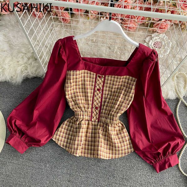 

kusahiki square collar puff sleeve plaid blouse women spring shirt korean elegant slim waist short blusas femme 6f941 210602, White