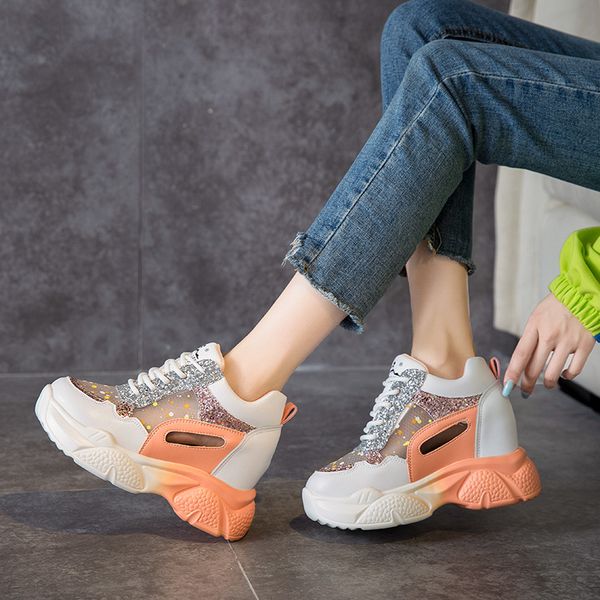 

chunky sneakers women 2021 spring thick sole platform vulcanize shoes woman lace up casual footwear 6cm leather shoe high heels