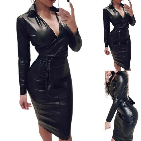 

casual dresses women's pvc leather v-neck clothing solid bodycon lace mini skirt elastic long sleeve sun party summer, Black;gray