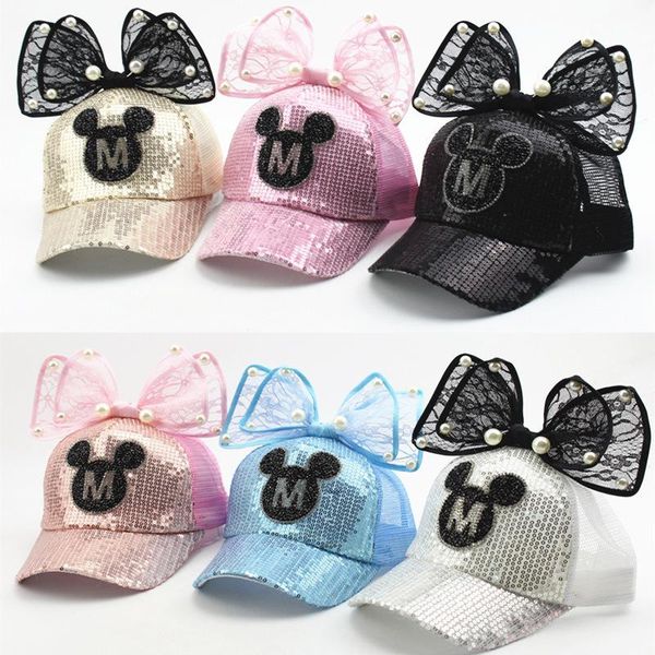 

hair accessories lovely children's summer break pearl big bow minne mouse m cap girls sun screen baseball cute fashion hat with peals, Slivery;white