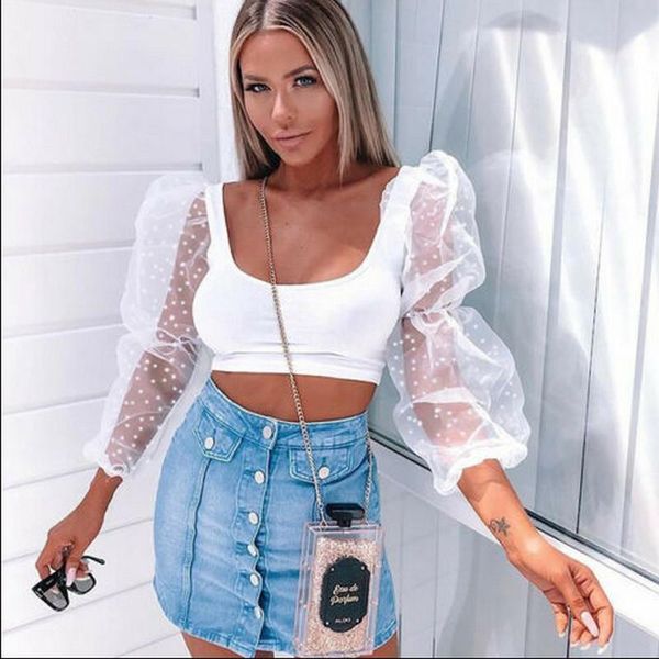 

women's blouses & shirts 2021 autumn blouse womens fashion see-through sheer mesh long sleeve dot print puff t-shirt women, White