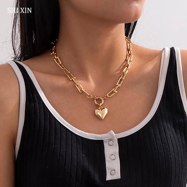 

chunky link chain necklace with love heart pendant for women fashion short choker colar on neck necklaces, Silver