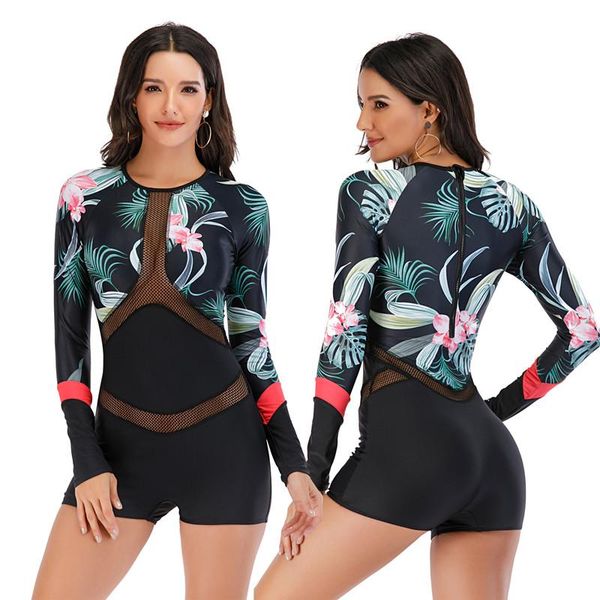

plus size swimwear surfing rashguard women's rash guard long sleeve swimsuit diving suit print running shirt one piece bodysuit two-pie