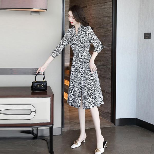 

casual dresses autumn 2021 striped drawstring slimming mid-length dress long sleeve leopard print temperament elegant ladies vestidos, Black;gray