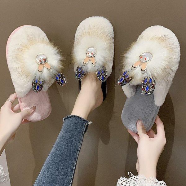 

cute hairy slippers women's 2021 autumn/winter version outside wearing stylish water drill ear buns and half, Black
