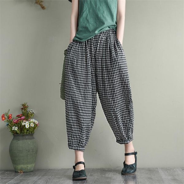 

summer arts style women elastic waist loose casual ankle-length pants cotton linen vintage plaid harem s938 210512, Black;white