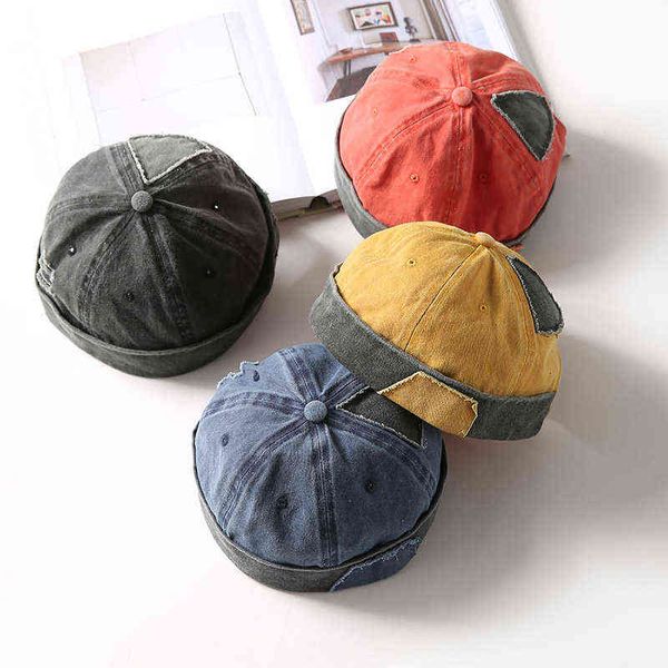 

washed cotton men women skullcap hat cap casual docker sailor mechanic brimless solid color gorro pumpkin navy beanies y21111, Blue;gray
