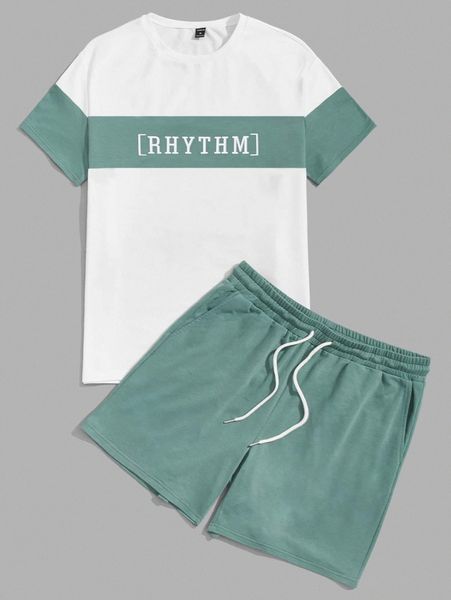 

men letter graphic color block tee & drawstring shorts g6tr#, Gray