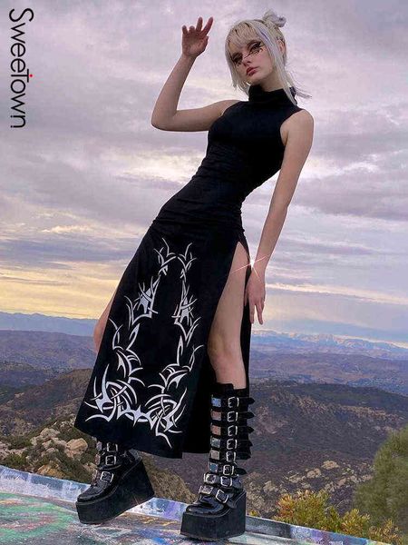 

sweetown black off shoulder turtleneck bodycon goth dress dark academic aesthetic girl clothes high split party dresses y220304, Black;gray