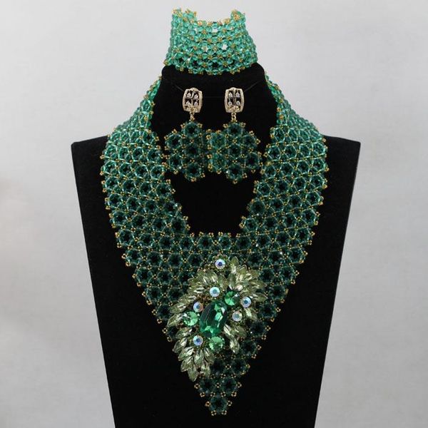 

earrings & necklace green african beads jewelry set romantic wedding unique nigerian design hx193, Silver