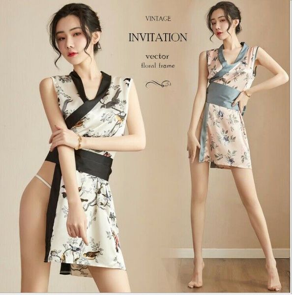 

set women flower japanese kimono nightwear dress robe gown, Black;white