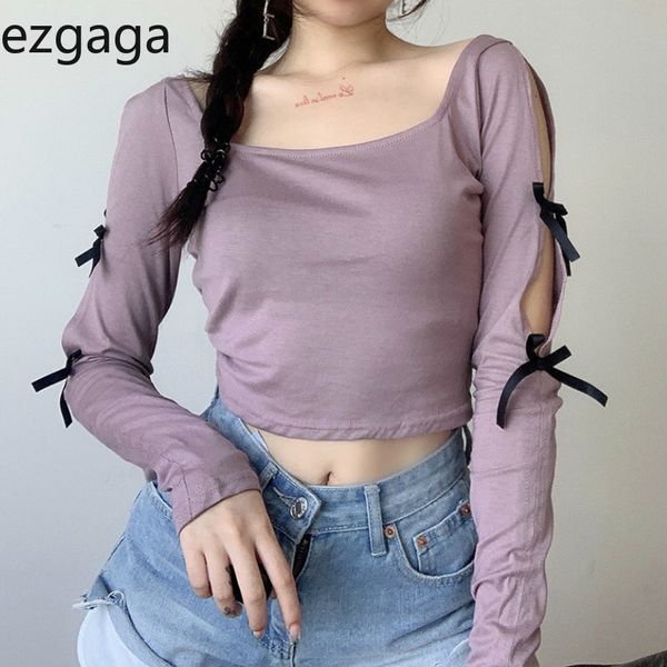 Ezgaga Donne Tshiwn Casual Casual Hollow Out Bow Bandage Collare quadrato a maniche lunghe T Shirt Girl Short Tops Sexy Ladies Autunno 210430
