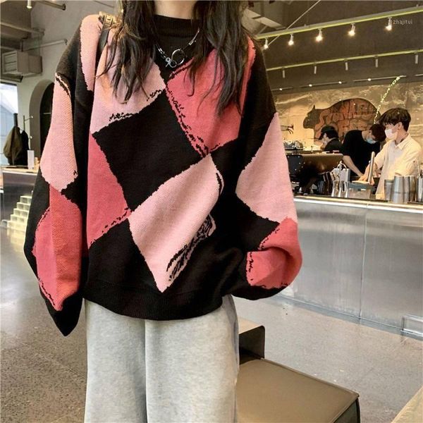 

women's sweaters vintage sweater oversize argyle o-neck pullover loose fall for women korean fashion winter long sleeve woman, White;black