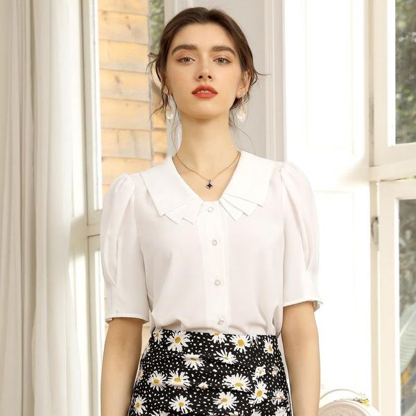 

women's blouses & shirts 2021 summer solid color doll collar fashion ol temperament short-sleeved chiffon shirt women, White