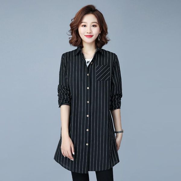

#0443 long sleeve shirts women plus size casual striped slim shirt female cotton 40% full-sleeve blouse korean style pocket women's blo, White