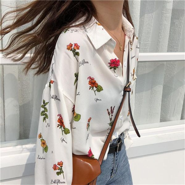 

ladies fall long sleeve floral printing lapel shirt girls korean style loose chiffon single breasted blouse casual clothing women's t-s, White