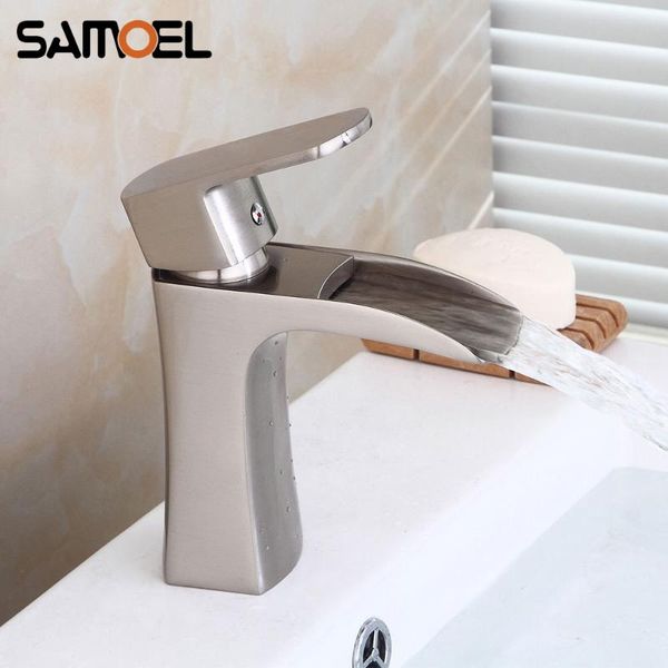 

brushed nickel single hole brass basin sink faucet deck mounted waterfall black bathroom mixer tap nl729 faucets