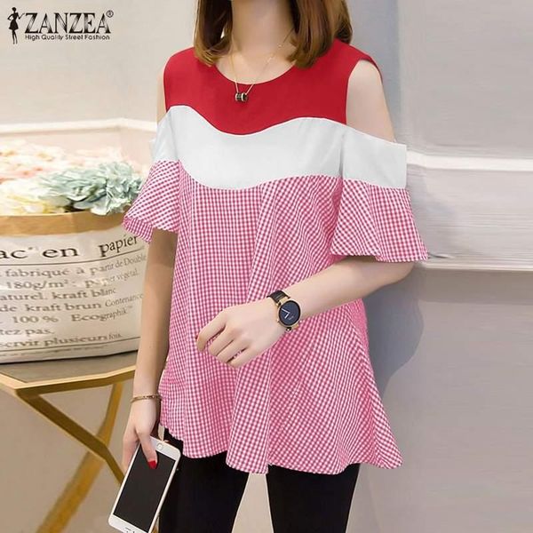 

women's blouses & shirts women grid off shoulder patchwork blouse fashion printed summer 2022 casual short sleeve blusas s-5xl, White