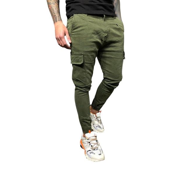 

men's pants slim fit cargo men streetwear pure color overalls casual pocket work trousers man pantalones hombres, Black