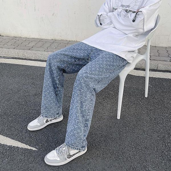 

men's jeans trendy floor dragging pants loose straight wide leg cashew plaid tie dyed casual mens street wear, Blue