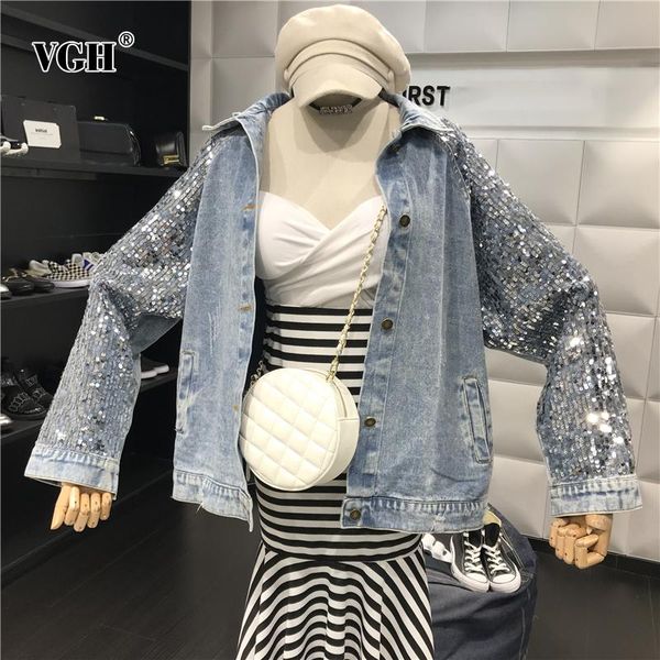 

blue patchwork sequin jacket for women lapel long sleeve hole casual denim jackets female spring fashionable clothing women's, Black;brown