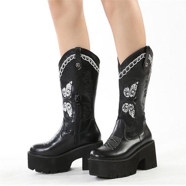

boots pxelena embroider western cowboy mid calf women 2022 spring fall chunky platform high heels gothic punk rock shoes 35-43, Black