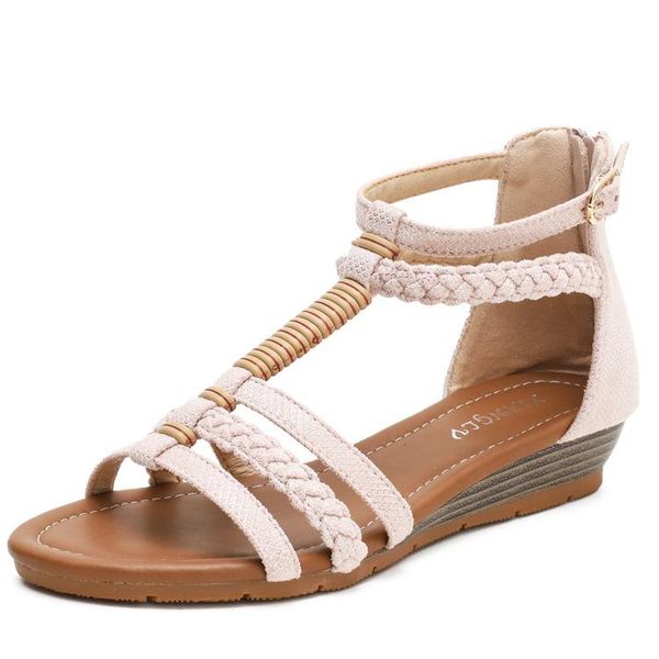 

sandals low woman leather large size low-heeled big slides fabric rome hoof heels tpr pu bi, Black