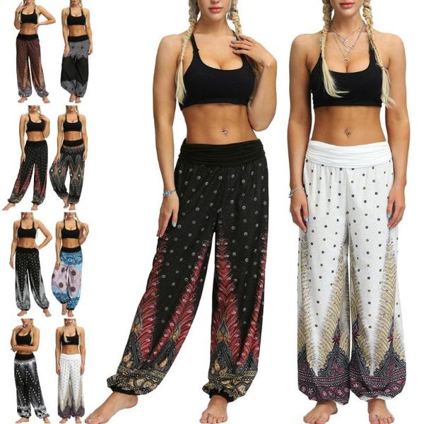 

women's pants & capris bohemian womens summer casual loose feather print women harem soft sports dance ladies trousers, Black;white