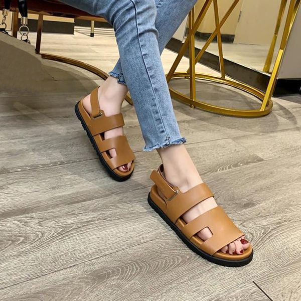 

luxury designer flat heel womens sandals classics h novelty cool shoes hook loop buckle casual women shoe grade genuine leather sandal with, Black