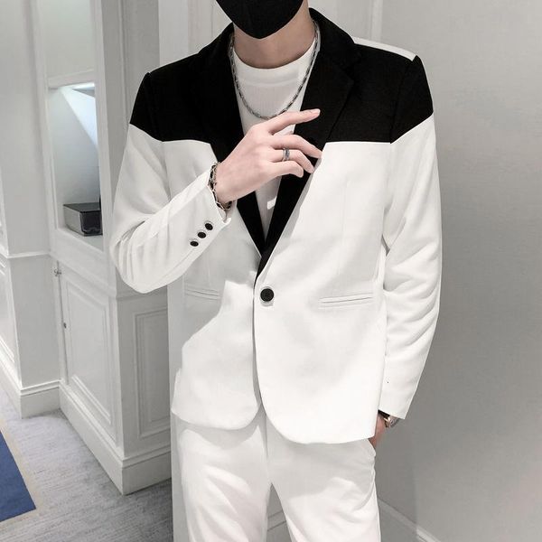

men's suits & blazers black white stitching blazer hombre autumn men clothing 2021 leisure night club suit mens stylish prom for, White;black