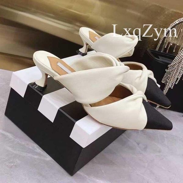 

slippers women mules pumps high heel one strap closed pointed toe real leather slip on elegant sandals shallow summers slides, Black