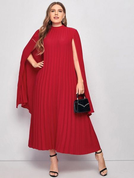 

plus pleated solid cape dress t53u#, Black