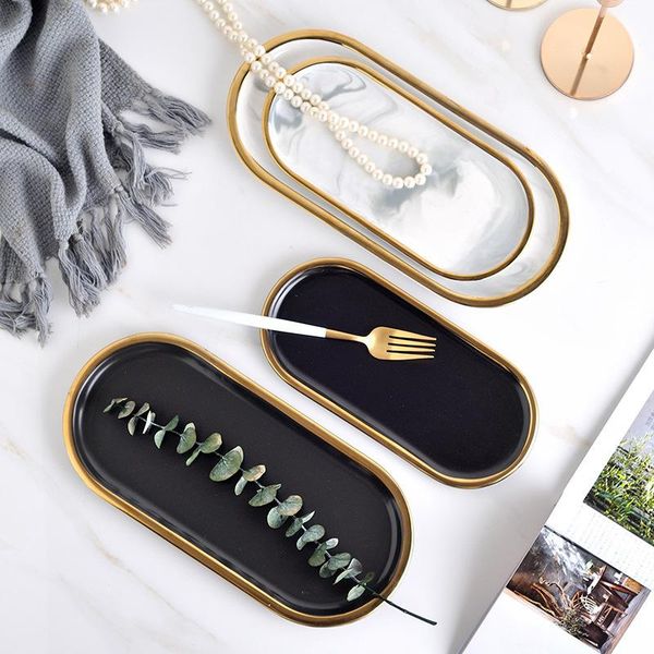 

kitchen storage & organization gold-plated ceramic marble tray fruit breakfast oval plate jewelry dessert decoration wf9241030