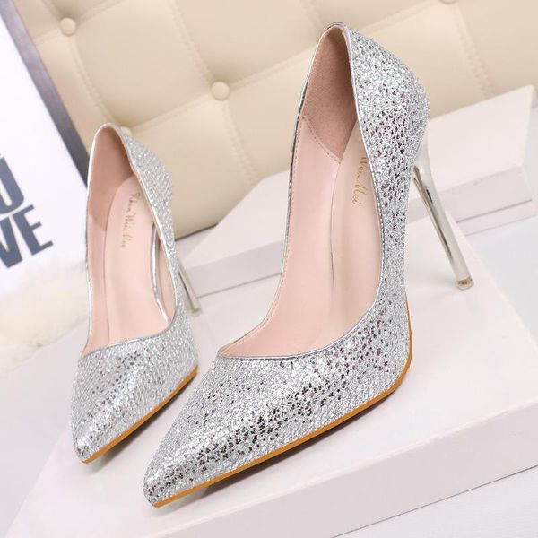 

dress shoes silver &gold sequined fabric stilettos party women solid pointed toe pumps shiny snake super high heels tacones mujer, Black