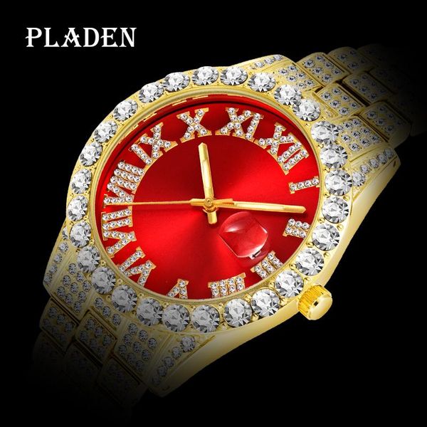 

wristwatches drop men watch ice out diamond gold watches for male gift calendar stylish casual red dial wristwatch 2021, Slivery;brown